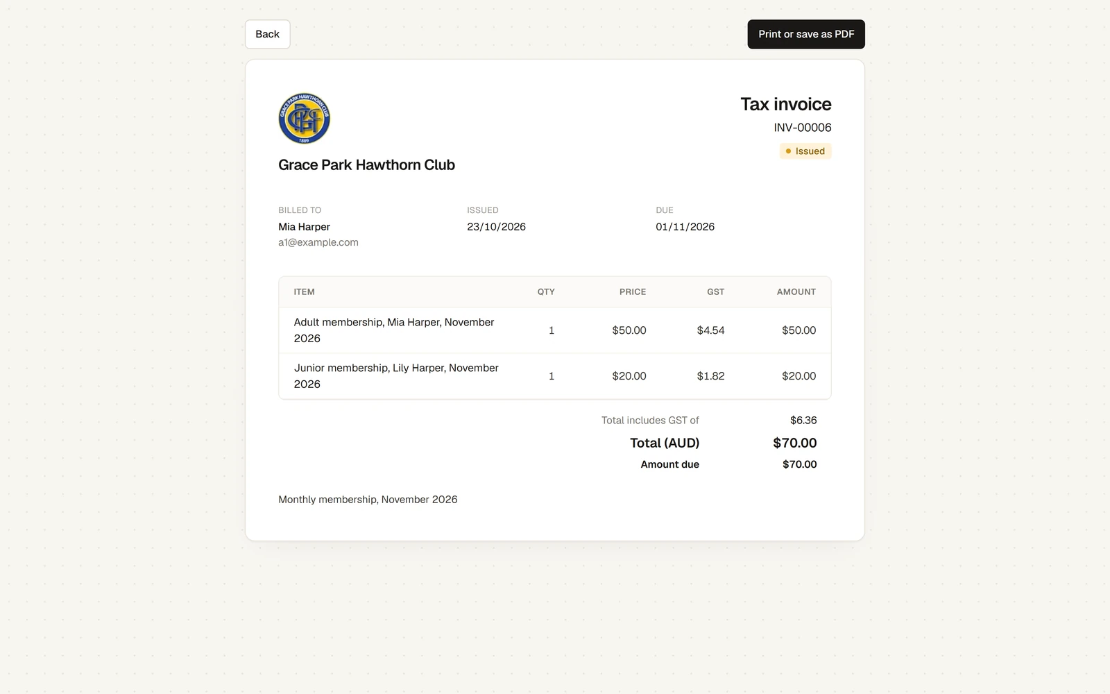 A tax invoice for the November monthly membership, billed to Mia Harper: a line for each person with quantity, price, GST and amount, the GST the total includes, the total and the amount due, with Print or save as PDF.