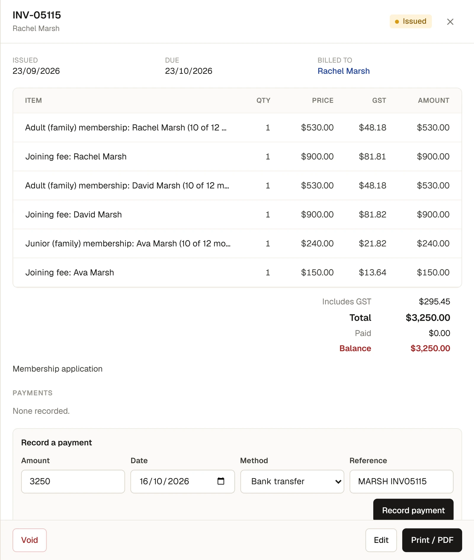 The side panel for invoice INV-05115, billed to Rachel Marsh and marked Issued: the issue and due dates, six membership and joining-fee lines each with its GST, Includes GST, Total $3,250.00, Paid $0.00, Balance $3,250.00, Payments "None recorded.", and the Record a payment form with Amount $3,250.00, the date, Method Bank transfer and a reference, above the buttons Void, Edit and Print / PDF.