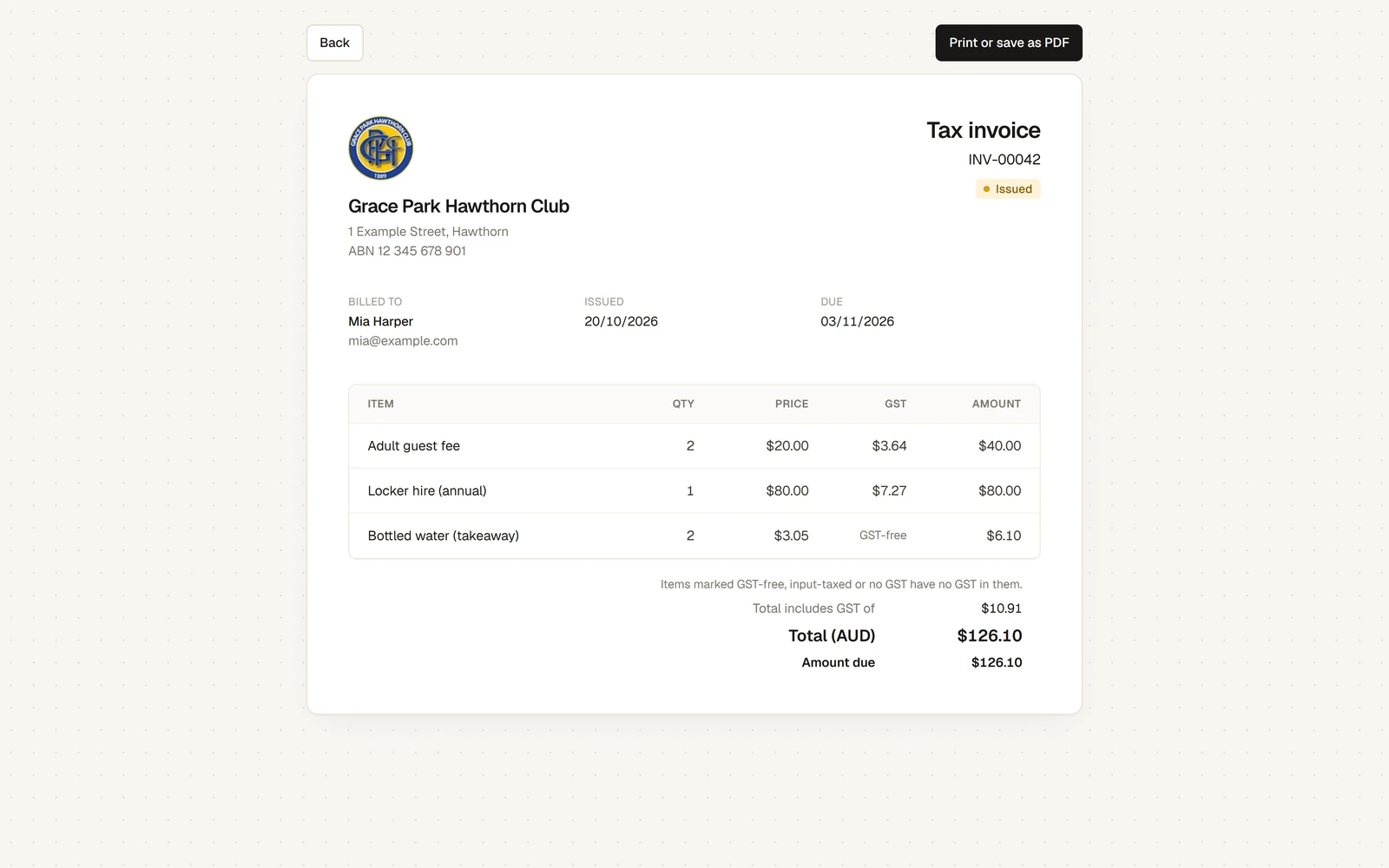 An invoice laid out to print, with Back and Print or save as PDF above it. It is headed Tax invoice, INV-00042, Issued, with the club's name, address and ABN, billed to Mia Harper, the issue and due dates, three lines (Adult guest fee, Locker hire (annual), and Bottled water (takeaway) marked GST-free in the GST column), the note "Items marked GST-free, input-taxed or no GST have no GST in them.", Total includes GST of $10.91, Total (AUD) $126.10 and Amount due $126.10.