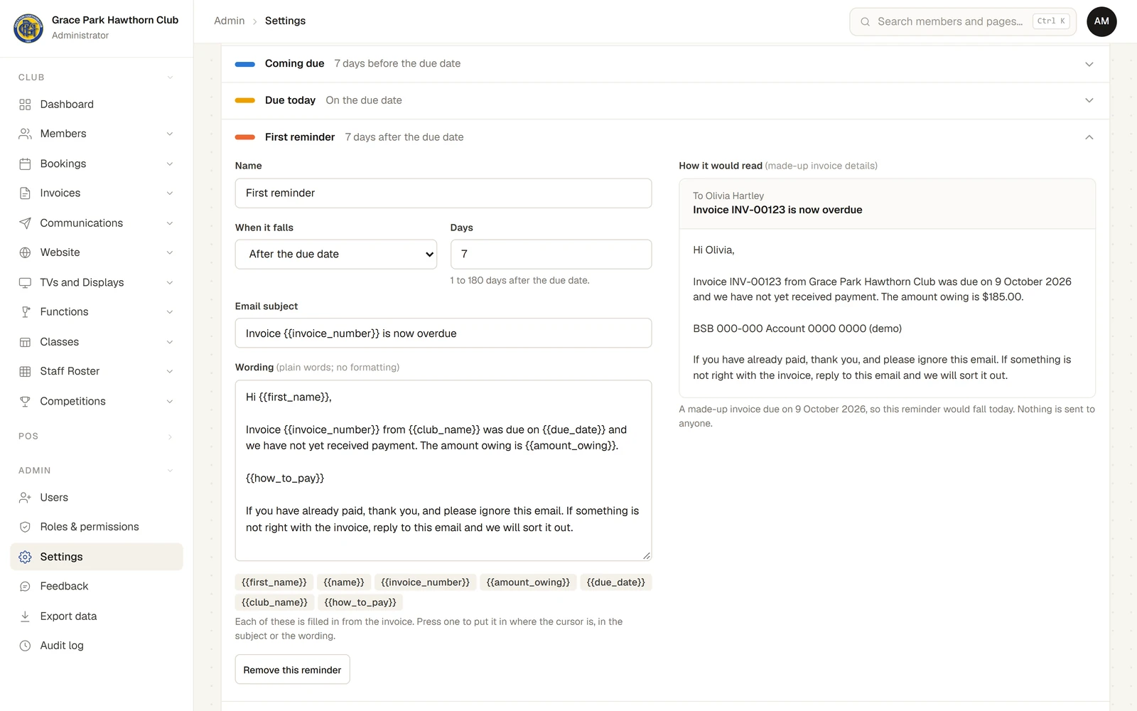 The Reminders list on Settings, Invoice reminders, with First reminder open: Name, When it falls set to After the due date, Days 7, Email subject, the Wording, the merge fields such as {{first_name}} and {{invoice_number}}, Remove this reminder, and beside them How it would read, an email to Olivia Hartley with made-up invoice details.