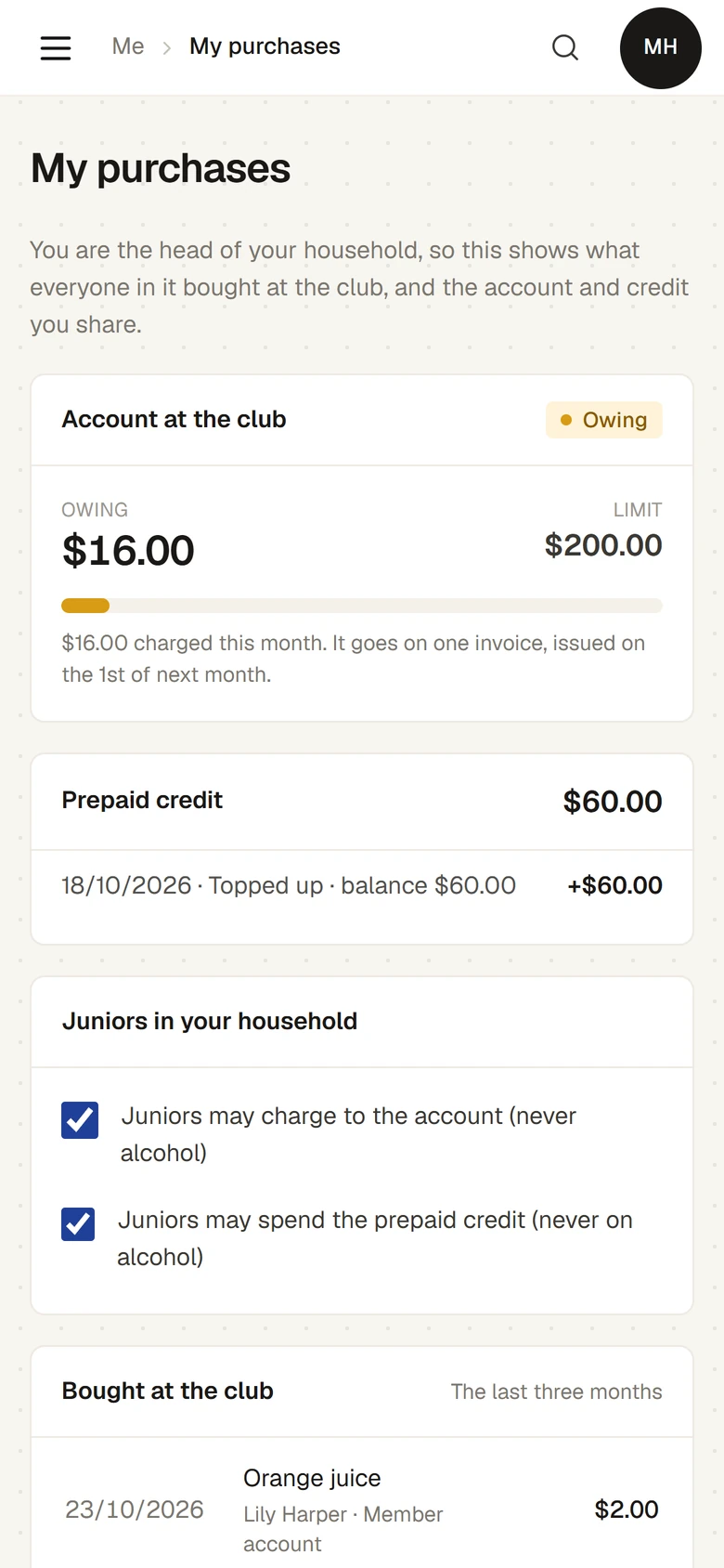 My purchases on a phone for the head of a household: Account at the club, marked Owing, with $16.00 owing, a $200.00 limit and $16.00 charged this month, then Prepaid credit of $60.00 with its latest top-up, the two Juniors in your household tick boxes, and the start of Bought at the club.