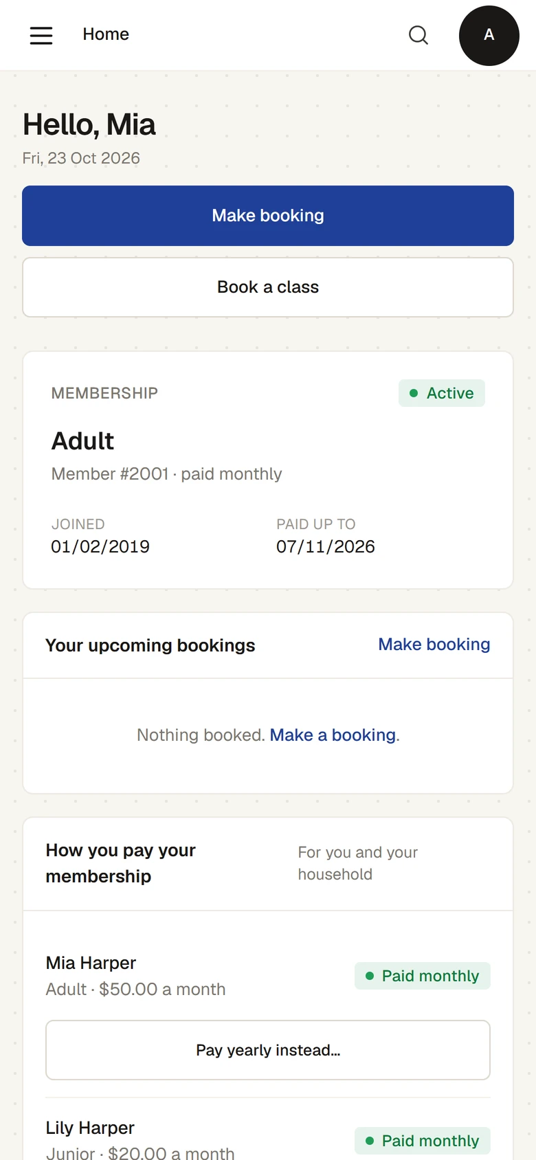 Home on a phone for Mia Harper: Make booking and Book a class, then her Adult membership, Active, paid monthly and paid up to 7 November, and the start of Your upcoming bookings.