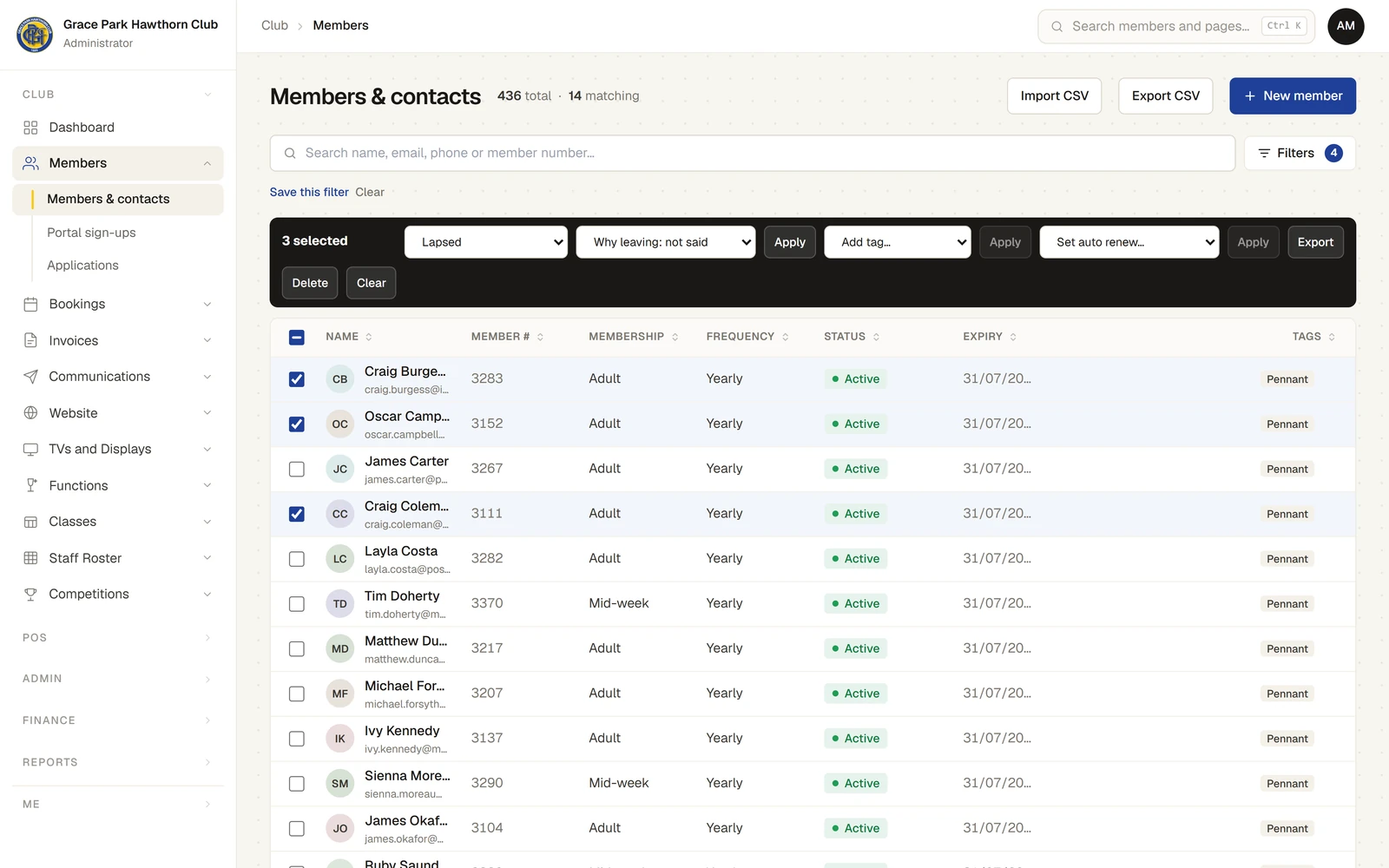 The member list filtered to pennant players, three rows ticked, and above them a dark bar: "3 selected", Set status with Lapsed chosen and a second list "Why leaving: not said", Apply, Add tag…, Apply, Set auto renew…, Apply, Export, Delete and Clear.