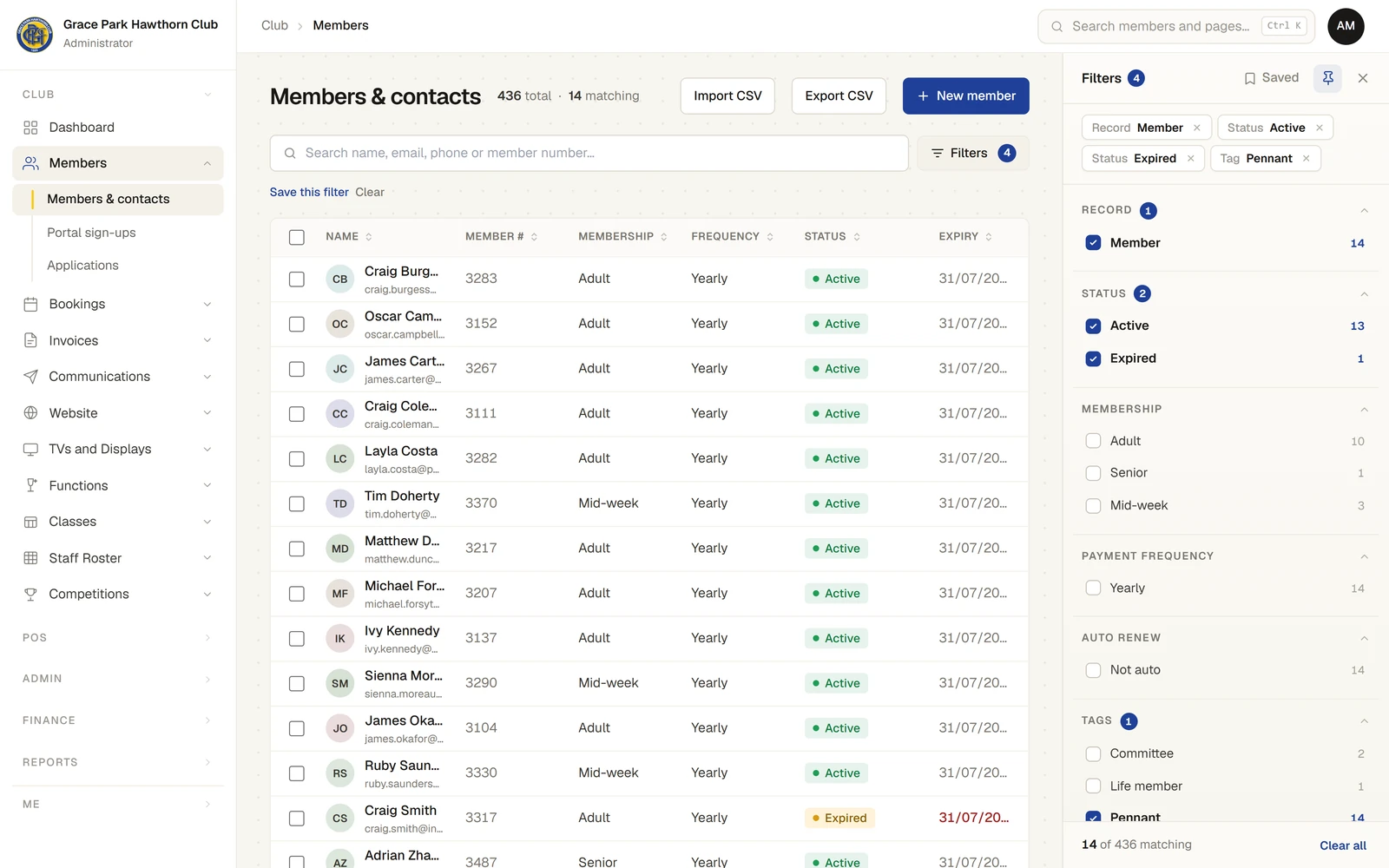 The Members & contacts list, "436 total · 14 matching", beside the Filters panel. The panel shows the chips Record Member, Status Active, Status Expired and Tag Pennant, then the Record, Status and Membership sections with a count beside each choice.