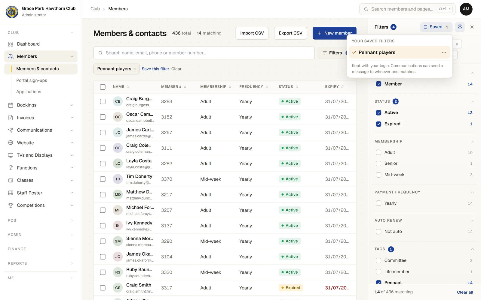 The member list with a pill "Pennant players" under the search box, and the Filters panel's Saved button pressed: a list headed "Your saved filters" with "Pennant players" ticked and a "…" button, and the note "Kept with your login. Communications can send a message to whoever one matches."