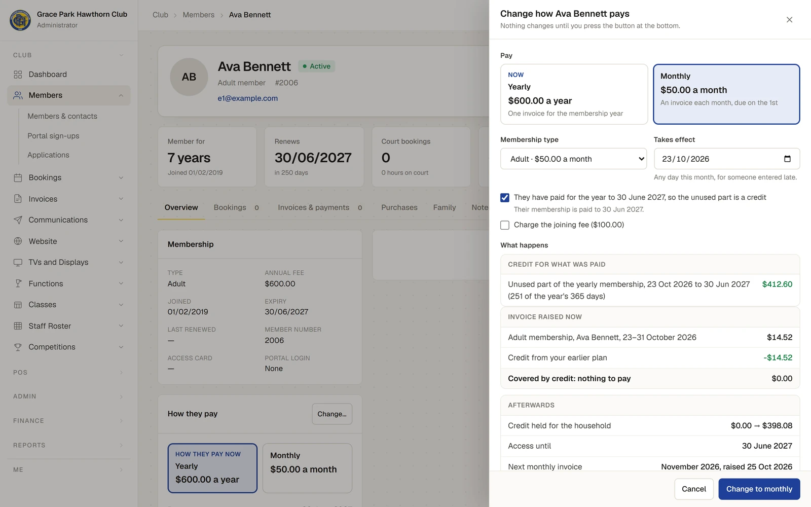 The side panel "Change how Ava Bennett pays" over her member page: Monthly ($50.00 a month) chosen beside Yearly, the membership type, Takes effect 23/10/2026, a ticked box "They have paid for the year to 30 June 2027, so the unused part is a credit", and What happens: a credit of $412.60 for 23 Oct 2026 to 30 Jun 2027 (251 of the year's 365 days), an invoice raised now for 23–31 October of $14.52 covered by credit, and the credit held going from $0.00 to $398.08. The button at the foot is "Change to monthly".