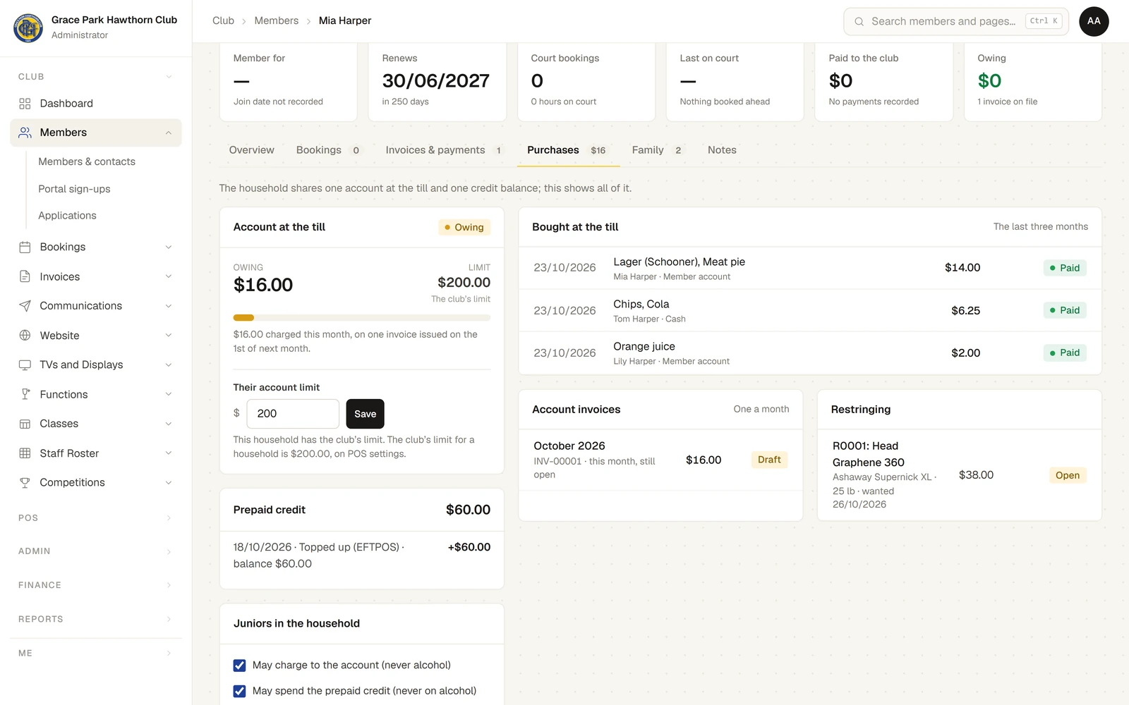 Mia Harper's Purchases tab. Account at the till: owing $16.00 of a $200.00 limit, the club's limit, $16.00 charged this month on one invoice issued on the 1st of next month, and a box for their own account limit with Save. Prepaid credit $60.00 with its top-up. Juniors in the household: may charge to the account, never alcohol, and may spend the prepaid credit, never on alcohol. Bought at the till: the last three months, each with who bought it and how it was paid.