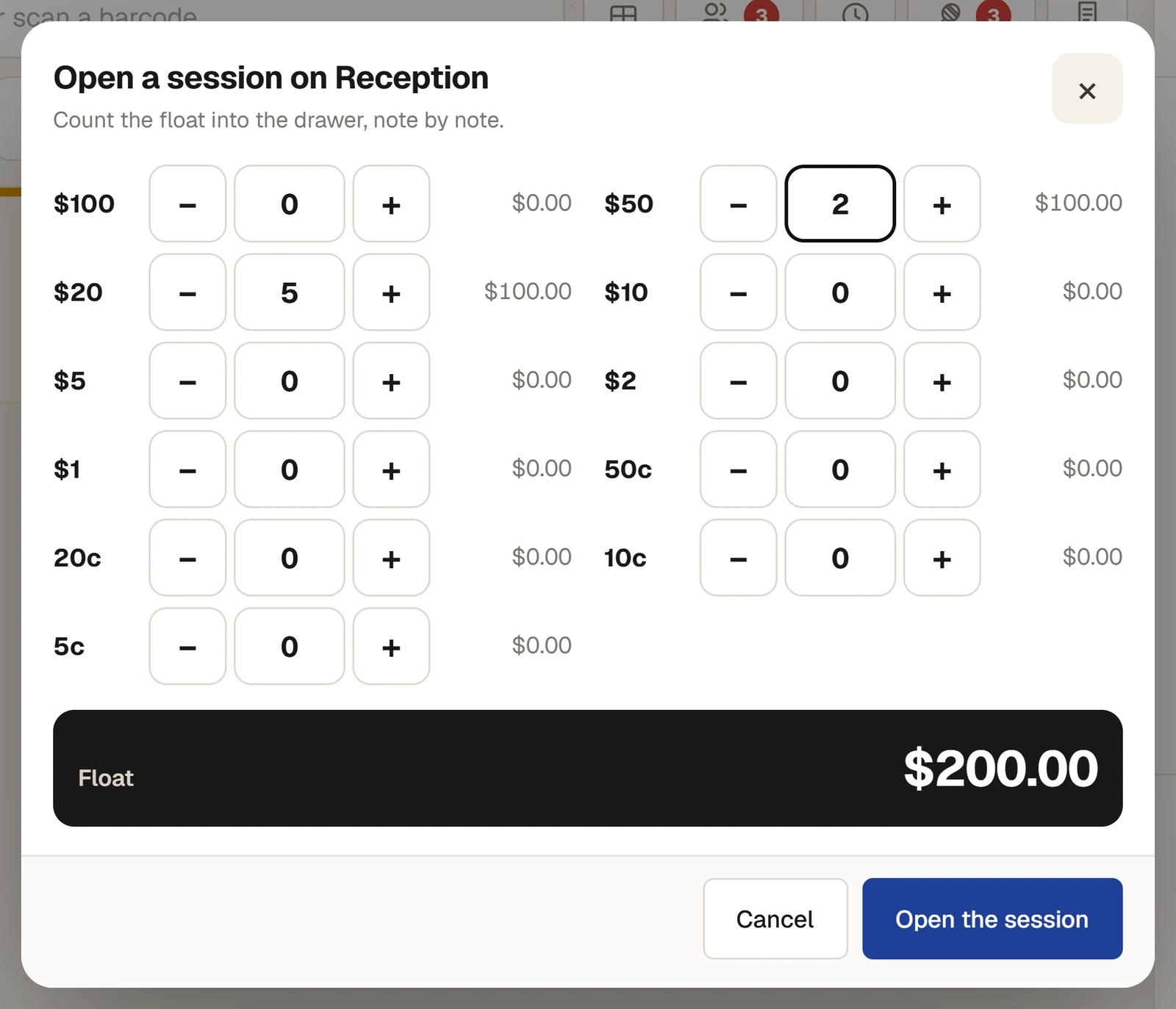 The Open a session on Reception dialog: "Count the float into the drawer, note by note", a row for each note and coin from $100 to 5c with minus and plus buttons, two $50 notes and five $20 notes counted, Float $200.00, and Cancel and Open the session.