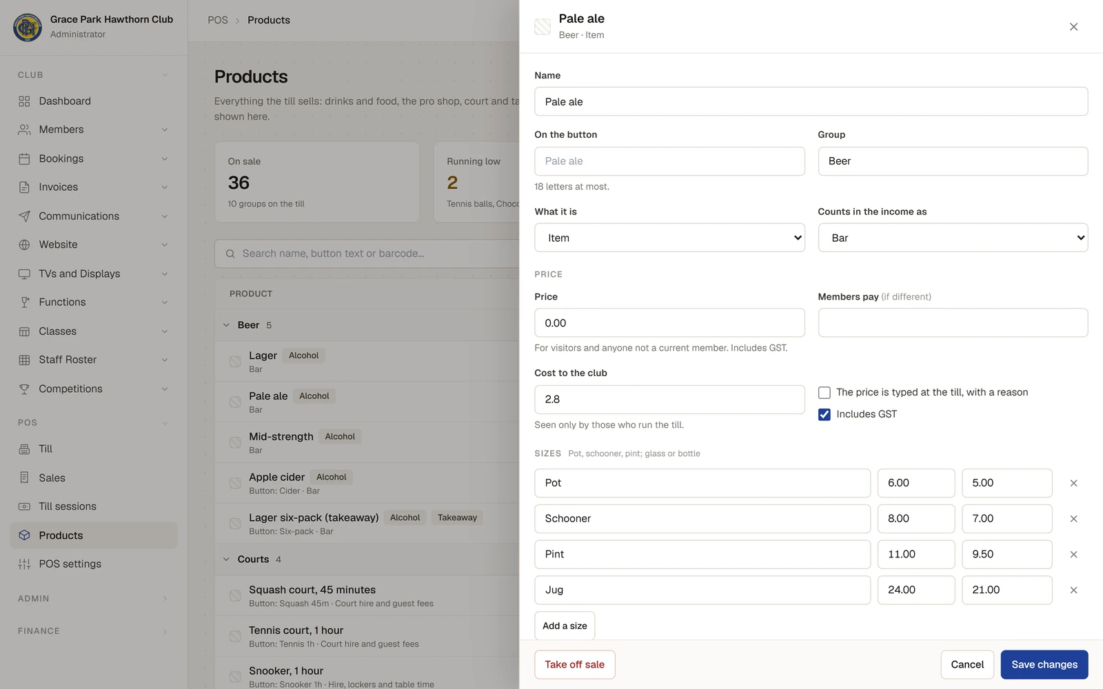 The Products page with the side panel for Pale ale: Name, On the button, Group Beer, What it is Item, Counts in the income as Bar, then the Price section with Price, Members pay and Cost to the club, and Sizes: Pot, Schooner, Pint and Jug, each with a price and a members' price.