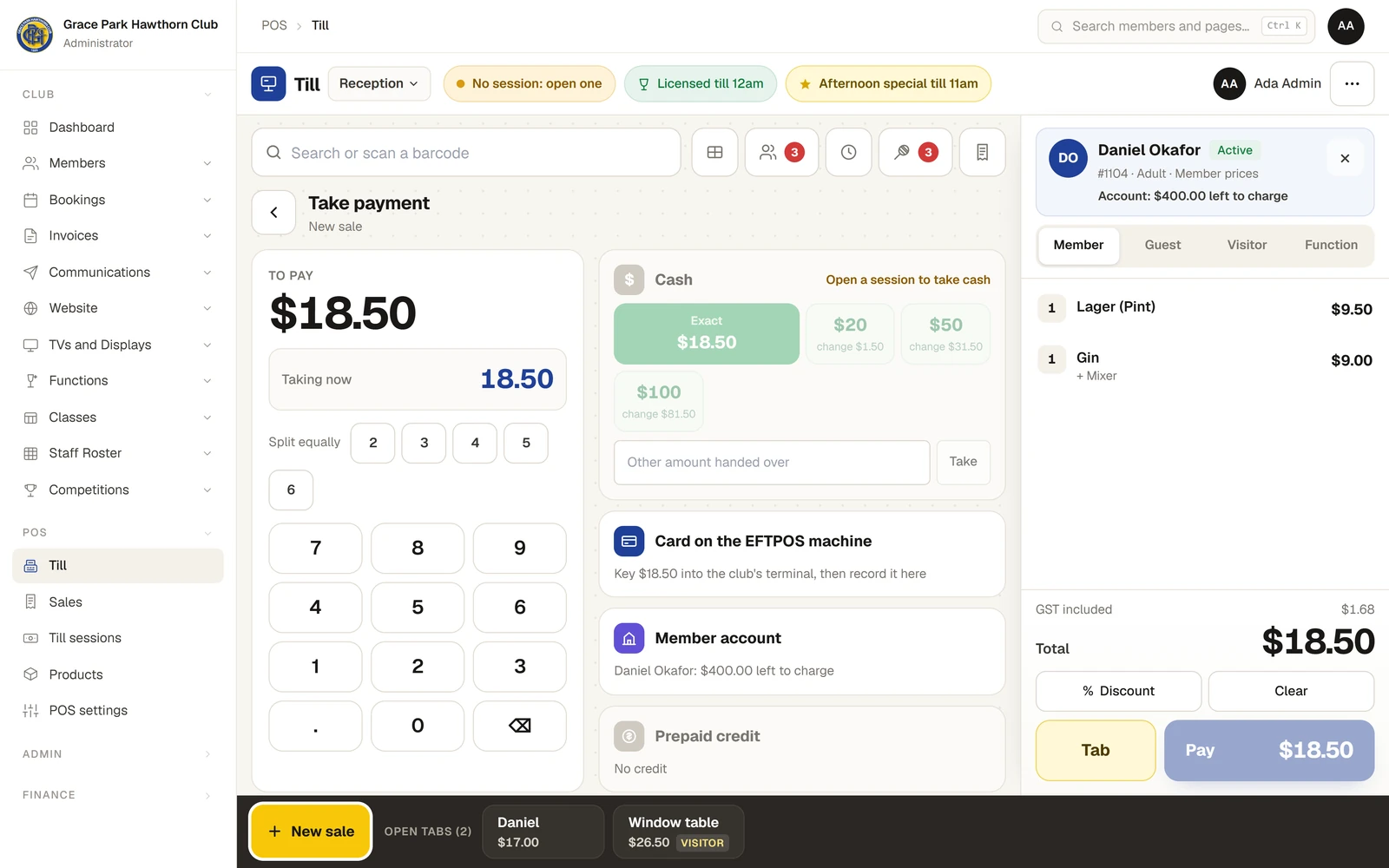 Take payment, with $18.50 to pay and a number pad for the amount taken now, and Split equally into 2 to 6. The ways to pay: Cash, with buttons for Exact $18.50 and $20, $50 and $100 each showing the change; Card on the EFTPOS machine; Member account, showing $400.00 left to charge; and Prepaid credit, showing No credit.