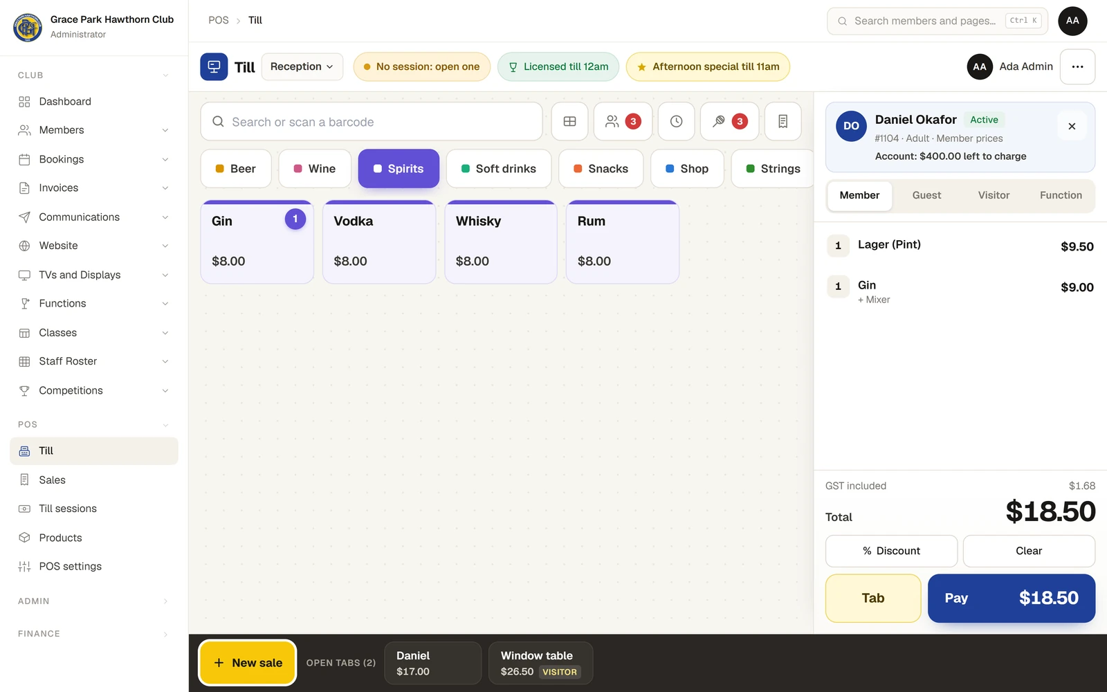 The till with the Spirits group of buttons on the left. On the right, the sale for Daniel Okafor, Active, member number 1104, Adult, member prices, with $400.00 left to charge on his account; Member is chosen as the kind of sale; the lines are Lager (Pint) $9.50 and Gin with a mixer $9.00, GST included $1.68, total $18.50, with Discount, Clear, Tab and Pay $18.50 below. Open tabs run along the foot.