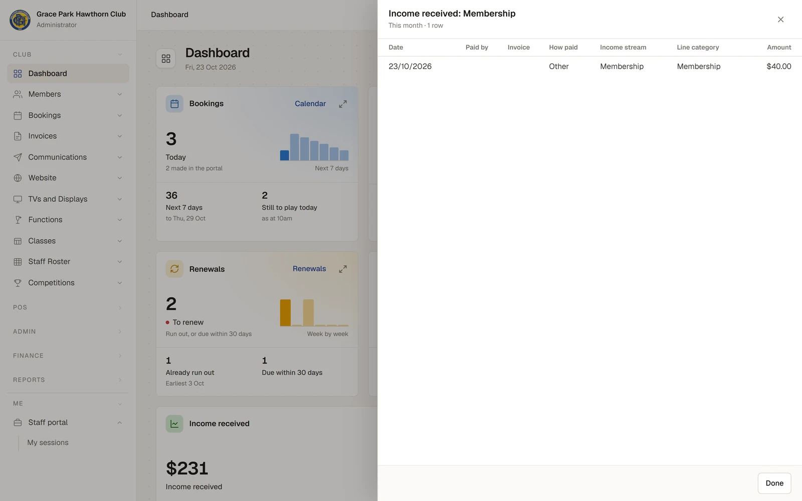 A side panel headed "Income received: Membership", "This month · 1 row", with a table of the payment behind the bar: its date, how it was paid, its income stream, line category and amount, $40.00. Behind it, the Dashboard with the new Income received widget opened out.