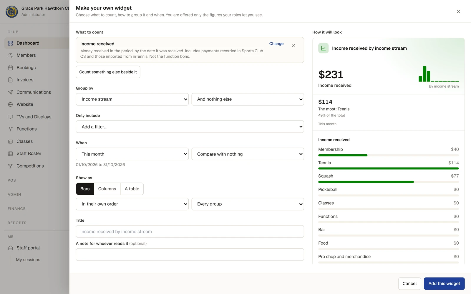 The Make your own widget panel. On the left, What to count is Income received, Group by is Income stream, When is This month compared with nothing, and Show as offers Bars, Columns and A table. On the right, How it will look shows the widget: $231 received this month, with a bar for each income stream.