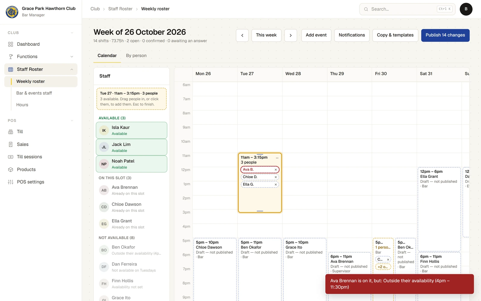 The Weekly roster for the week of 26 October 2026. On Tuesday a slot from 11am to 3:15pm is picked, with chips for Ava B., Chloe D. and Ella G.; Ava’s chip is outlined in red. The staff list beside the calendar is sorted into Available (Isla Kaur, Jack Lim and Noah Patel, in green), On this slot, and Not available, each with a reason such as “Not available on Tuesdays”. A message says “Ava Brennan is on it, but: Outside their availability (4pm – 11:30pm)”.