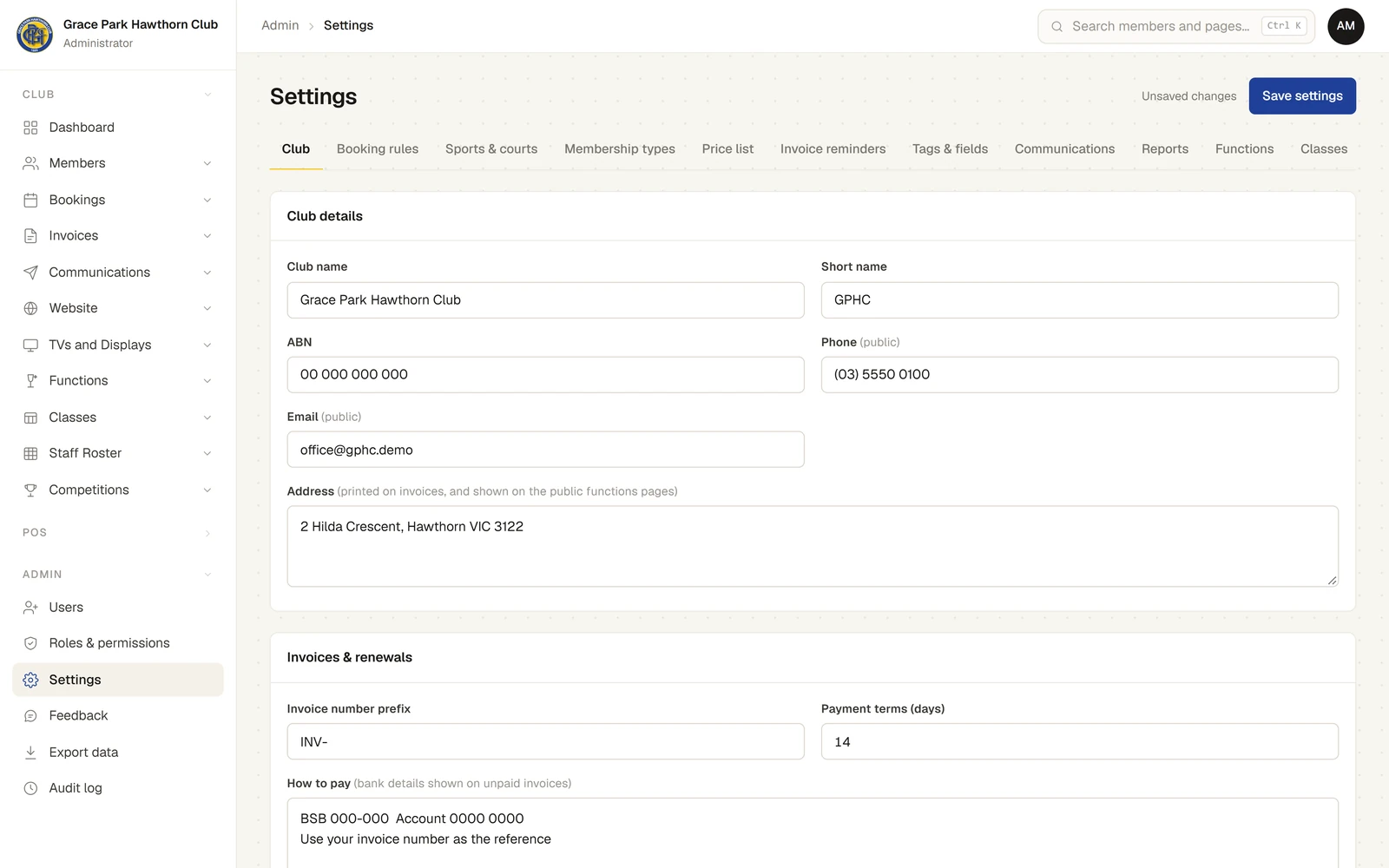 The Club tab of Settings. Club details holds Club name, Short name, ABN, Phone (public), Email (public) and the Address, printed on invoices and shown on the public functions pages; Invoices & renewals starts below with Invoice number prefix INV-, Payment terms 14 days and How to pay. Unsaved changes shows beside the Save settings button at the top right.