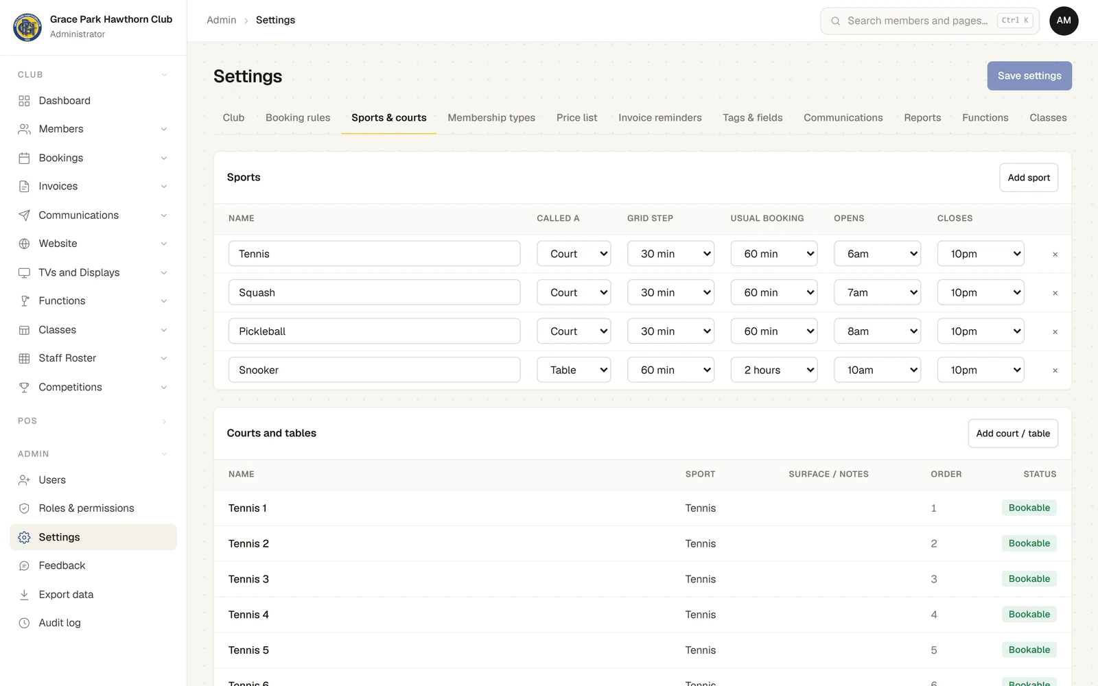 The Sports & courts tab of Settings. Sports lists Tennis, Squash, Pickleball and Snooker, each with Called a (Court or Table), Grid step, Usual booking, Opens and Closes, and an Add sport button. Below, Courts and tables lists Tennis 1 to Tennis 7 and the others with their sport, order and Bookable status, and an Add court / table button.