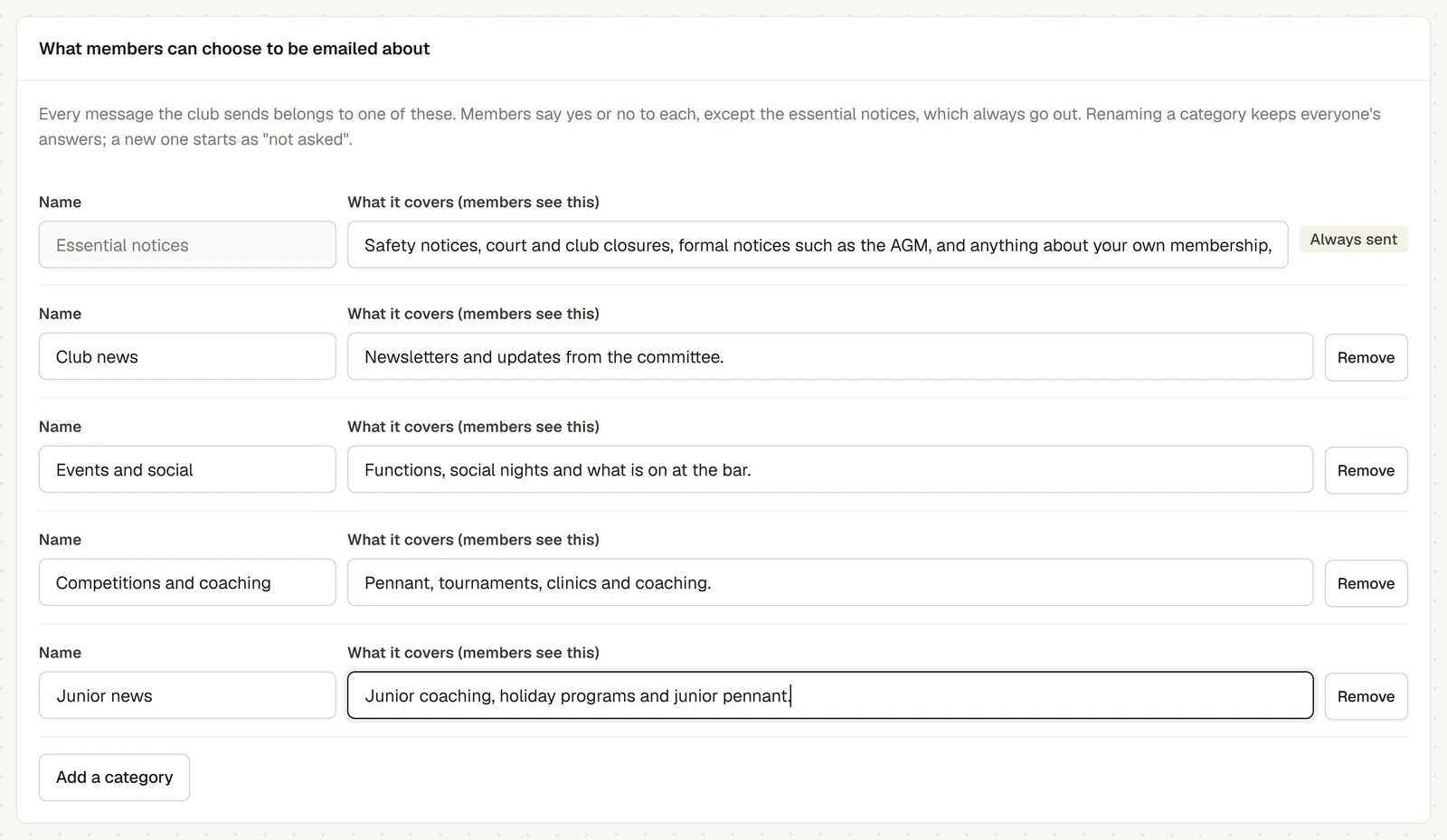 The card "What members can choose to be emailed about" on the Communications tab: Essential notices, marked Always sent, then Club news, Events and social, and Competitions and coaching, each with its name, what it covers and a Remove button, and a fifth row, Junior news, just typed in. Add a category is at the foot of the card.