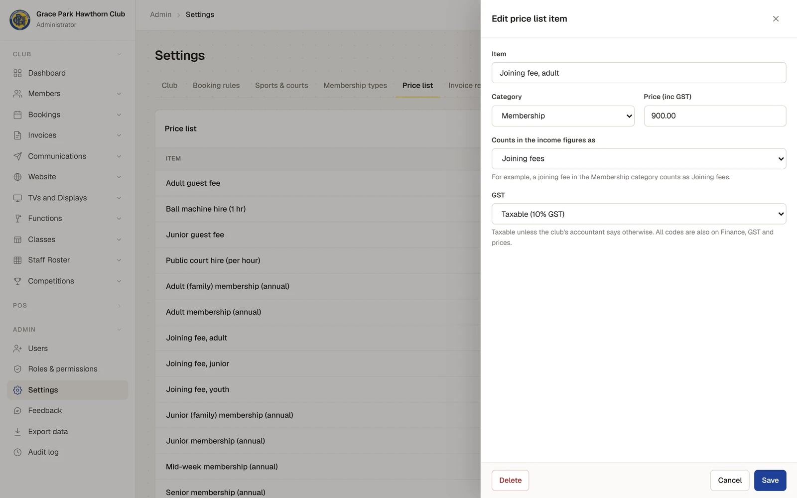 The Price list tab with the Edit price list item panel open for "Joining fee, adult": Item, Category Membership, Price (inc GST) 900.00, Counts in the income figures as just changed from "As its category says (Membership)" to Joining fees, and GST Taxable (10% GST), with Delete, Cancel and Save at the foot.