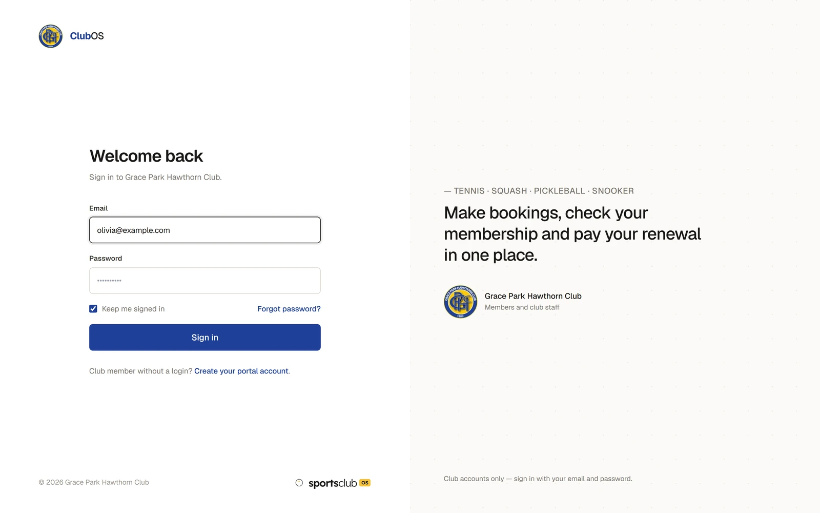 The Sports Club OS sign-in page, headed Welcome back and Sign in to Grace Park Hawthorn Club, with Email and Password, Keep me signed in, Forgot password?, the Sign in button, and Create your portal account for members without a login. On the right, the club’s sports (Tennis · Squash · Pickleball · Snooker) and its name.