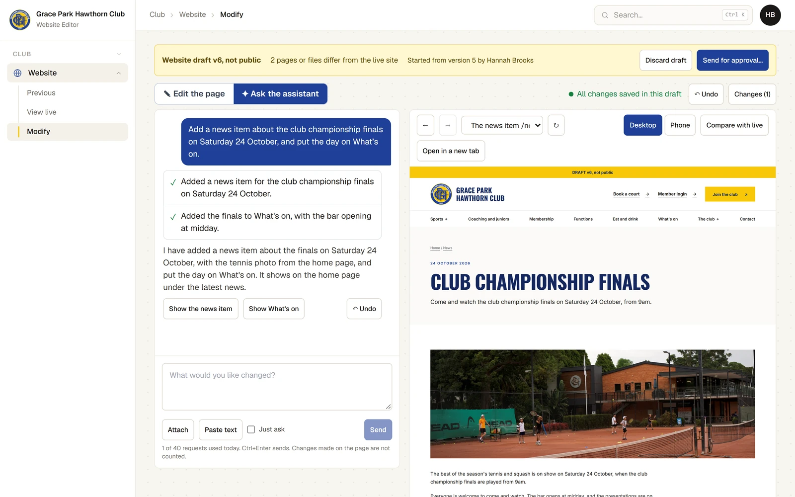 The Website page in Ask the assistant. On the left, the request for a news item about the club championship finals on Saturday 24 October, and the reply: two ticked changes (a news item added for the finals, and the finals added to What’s on), a sentence saying what was done, and the buttons Show the news item, Show What’s on and Undo. On the right, the draft website.