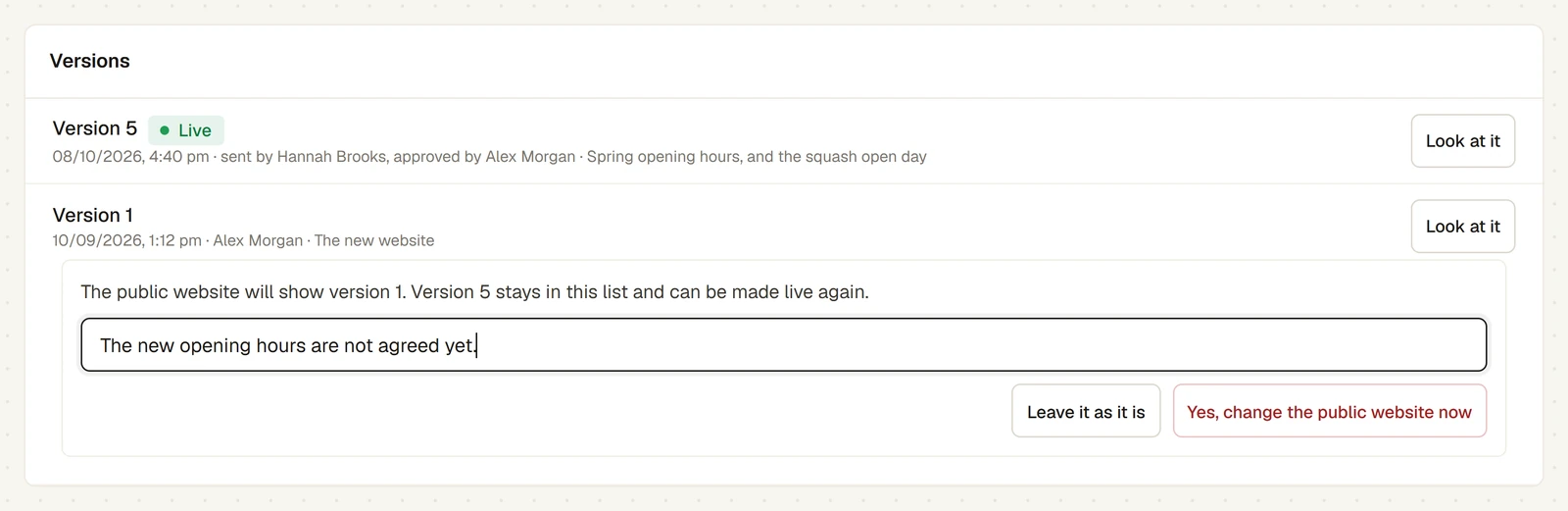 The Versions list. Version 5 is marked Live. Under version 1 a box says "The public website will show version 1. Version 5 stays in this list and can be made live again.", with the reason "The new opening hours are not agreed yet." typed, and the buttons Leave it as it is and Yes, change the public website now.