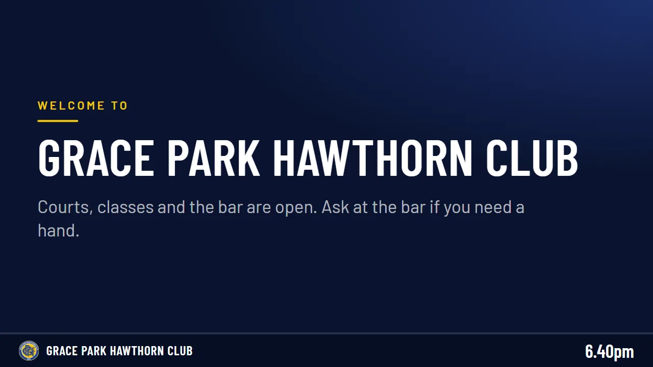 A TV slide welcoming people to the club